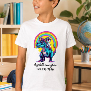 Einhorn auf Dinosaurier Regenbogen Name Schule T-Shirt