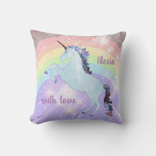 Einhorn auf einem Regenbogenuntergrund. Kissen