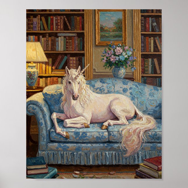 Einhorn auf Sofa | Romantische Ölgemälde Poster (Vorne)