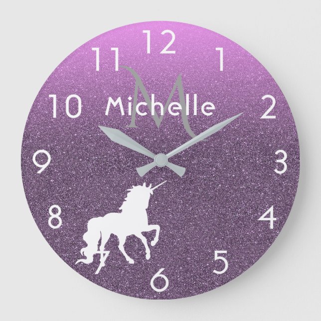 Einhorn auf ultra-violettem Glitzer und rosa Große Wanduhr (Vorderseite)