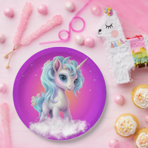 Einhorn auf Wolke mit rosa, lebhaftem Himmel Pappteller