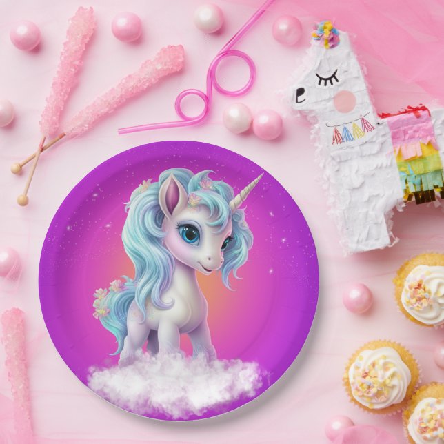 Einhorn auf Wolke mit rosa, lebhaftem Himmel Pappteller (Party)