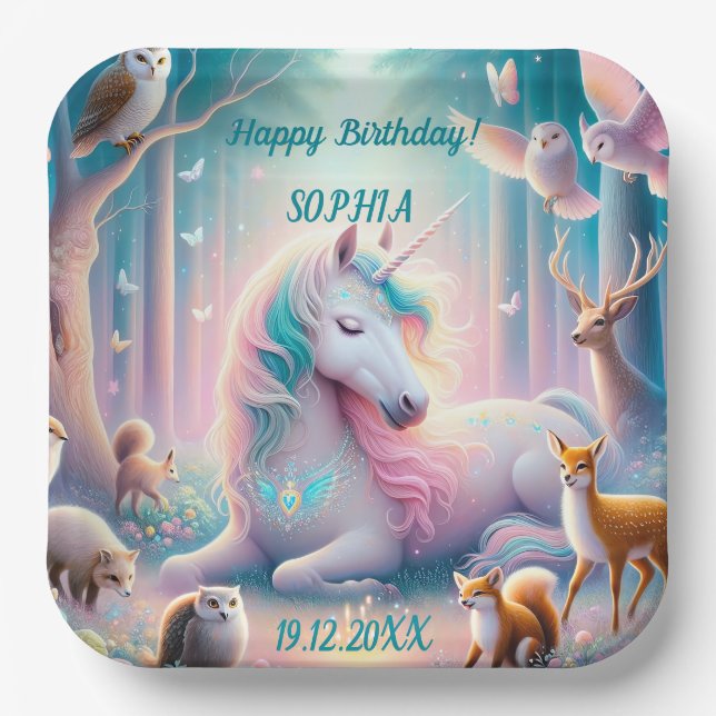 Einhorn, Baby/Kind, Individuelle Name/Geburtsdatum Pappteller (Vorderseite)