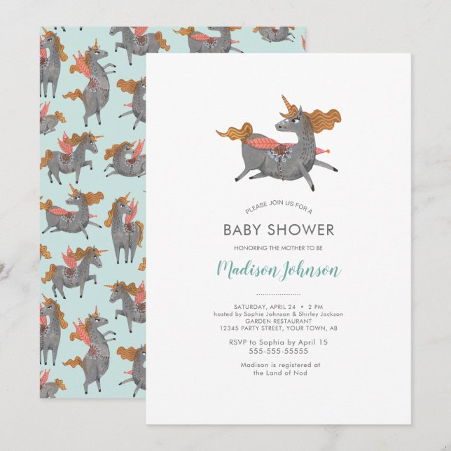 Einhorn | Babydusche | Blau | Einladung (Vorne/Hinten)