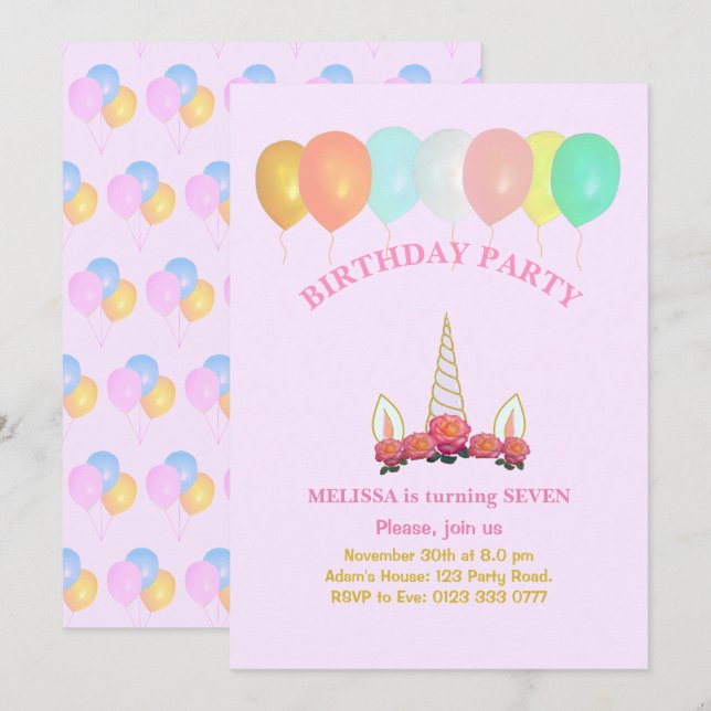 Einhorn & Balloons Einladung zum Geburtstag (Vorne/Hinten)