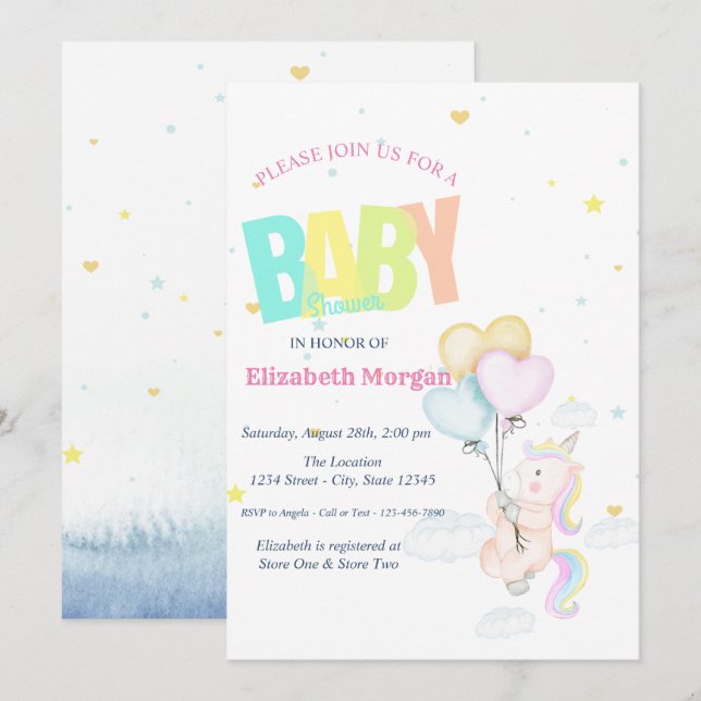 Einhorn, Balloons, SternenBaby-Dusche Einladung (Vorne/Hinten)
