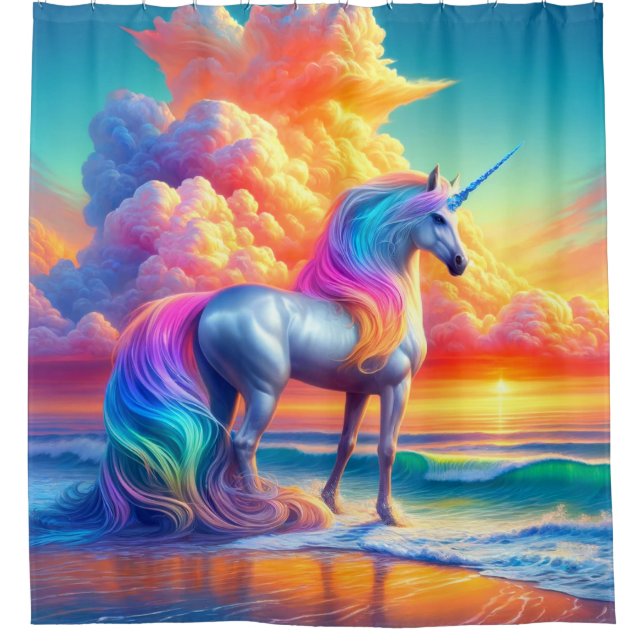 Einhorn bei Sonnenuntergang Duschvorhang (Vorderseite)