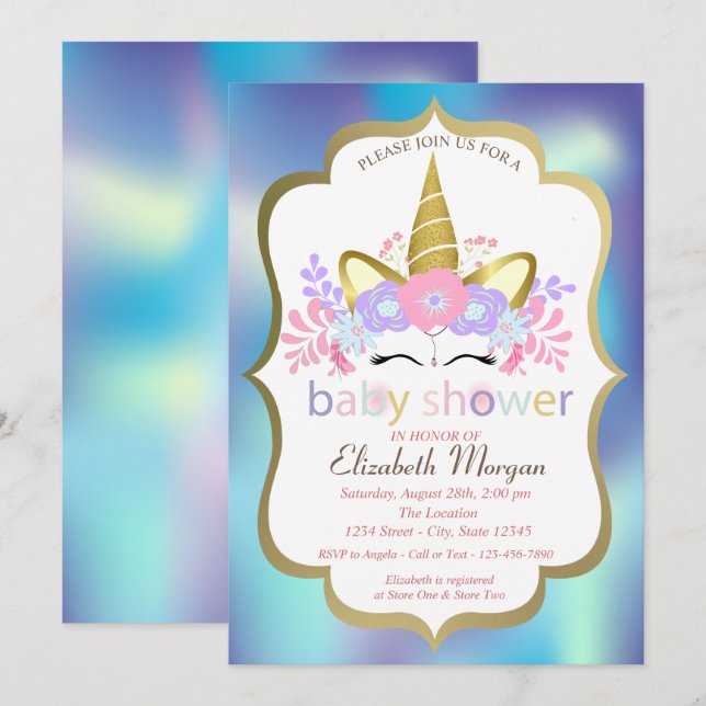 Einhorn, Blue Holographic Baby Shower Einladung (Vorne/Hinten)