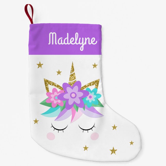 Einhorn-Blume Sterne Personalisierter Name Lila Kleiner Weihnachtsstrumpf (Vorderseite)