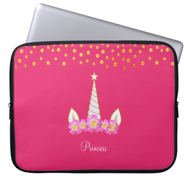 Einhorn, Blume und goldene Konfetti auf rosa Laptopschutzhülle (Vorderseite)
