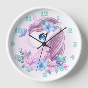 Einhorn, Blume und Schmetterlinge Große Uhr