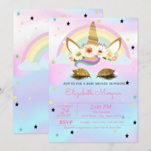 Einhorn Blumen Regenbogen Holografische Babyparty Einladung