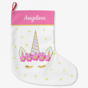 Einhorn Blumen & Sterne auf Rosa & Weiß Großer Weihnachtsstrumpf