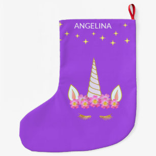 Einhorn Blumen & Sterne auf Violett Großer Weihnachtsstrumpf