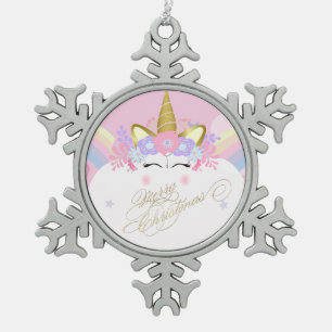 Einhorn Blumenkrone, Frohe Weihnachten Schneeflocken Zinn-Ornament