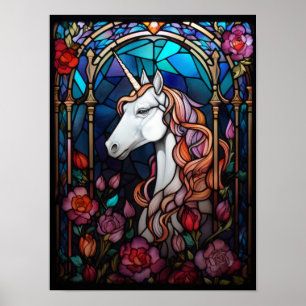 Einhorn-Buntglas-Kunst mit magischen Rosen Poster