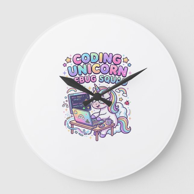 Einhorn Coding Einhorn Debug Squad Charmanter Mark Große Wanduhr (Vorderseite)