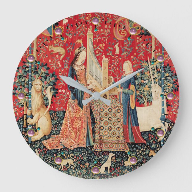 EINHORN, DAME PLAYING ORGAN rotes Blumen Große Wanduhr (Vorderseite)