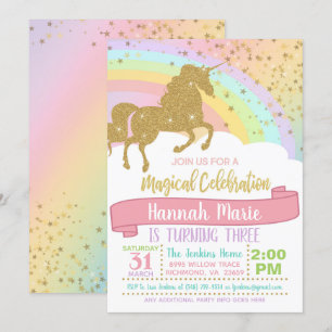 Einhorn-Einladung - Über den Regenbogen & Glitzer Einladung