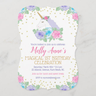 Einhorn Einladung zum 1. Geburtstag in Rosa und Go