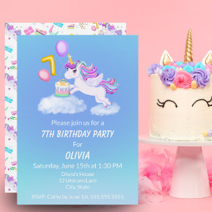 Einhorn-Einladung zum 7. Geburtstag mit Kuchen Einladung