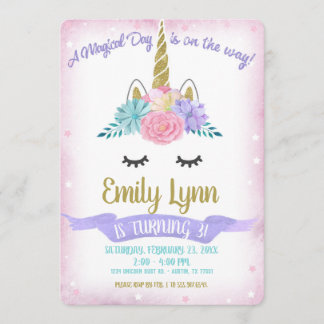 Einhorn Face Gold Glitzer Magische Pastell Blume Einladung