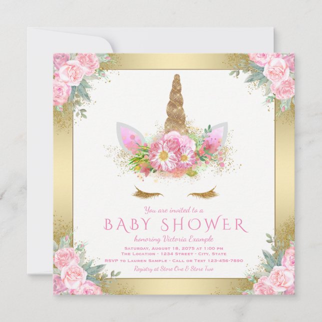 Einhorn Face Pink Gold Baby Shower Einladungen (Vorderseite)