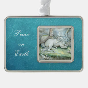 Einhorn Fantasy Art Frieden auf Erden Ornament Rahmen-Ornament Silber