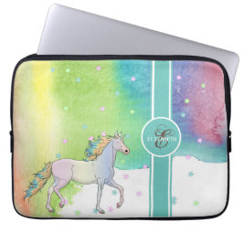 Einhorn, Farbige Sterne Monogramm, Aquarellstrich Laptopschutzhülle