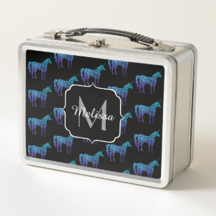 Einhorn-Funkeln aqua-blaue Ombre-Muster-Monogramm Metall Brotdose