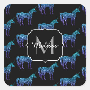 Einhorn-Funkeln aqua-blaue Ombre-Muster-Monogramm Quadratischer Aufkleber