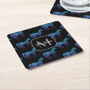 Einhorn-Funkeln aqua-blaue Ombre-Muster-Monogramm Rechteckiger Pappuntersetzer