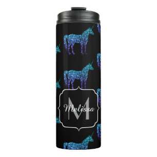 Einhorn-Funkeln aqua-blaue Ombre-Muster-Monogramm Thermosbecher