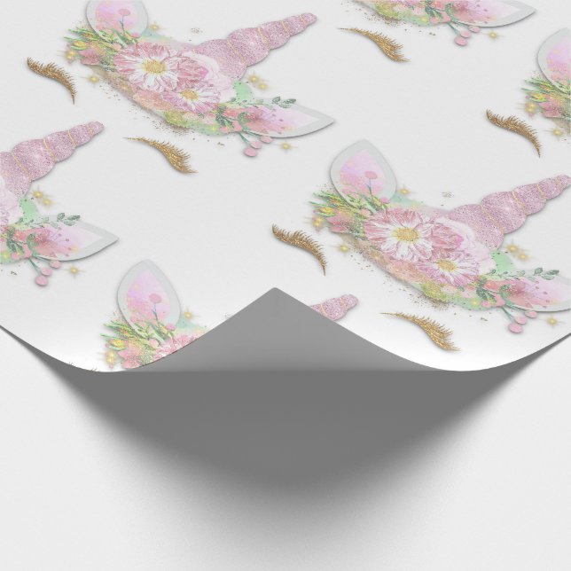 Einhorn Funkelnd Glitzer Rosa Gold Blütenweiß Geschenkpapier (Ecke)