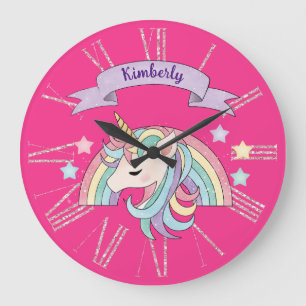 Einhorn & funkiger Regenbogen mit individuellem Na Große Wanduhr