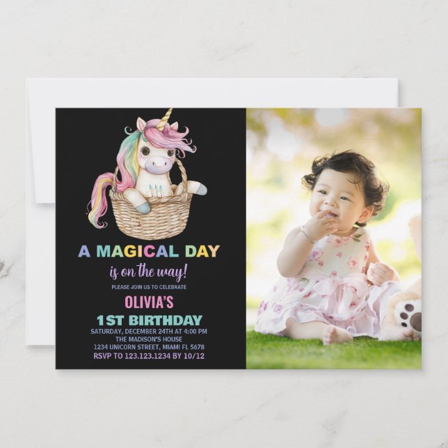 Einhorn Geburtstag Einladung mit Foto (Vorderseite)