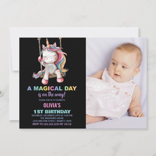 Einhorn Geburtstag Einladung mit Foto (Vorderseite)