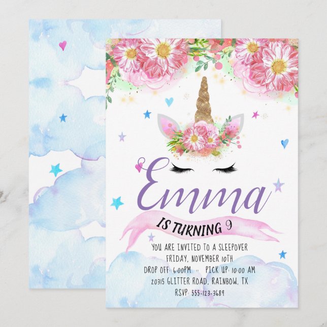 Einhorn-Geburtstags-Einladung Einladung (Vorne/Hinten)
