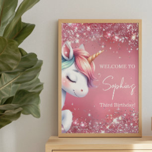 Einhorn-Geburtstags-Willkommen mit rosa Glitter-Re Poster