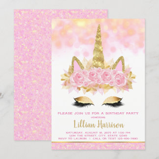 Einhorn-Geburtstagsfeier mit Rosa Gold Einladung