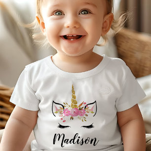 Einhorn-Gesicht mit Wimpern personalisierter Name Baby T-shirt