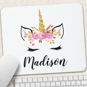 Einhorn-Gesicht mit Wimpern personalisierter Name Mousepad