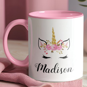 Einhorn-Gesicht mit Wimpern Personalisierter Name Tasse