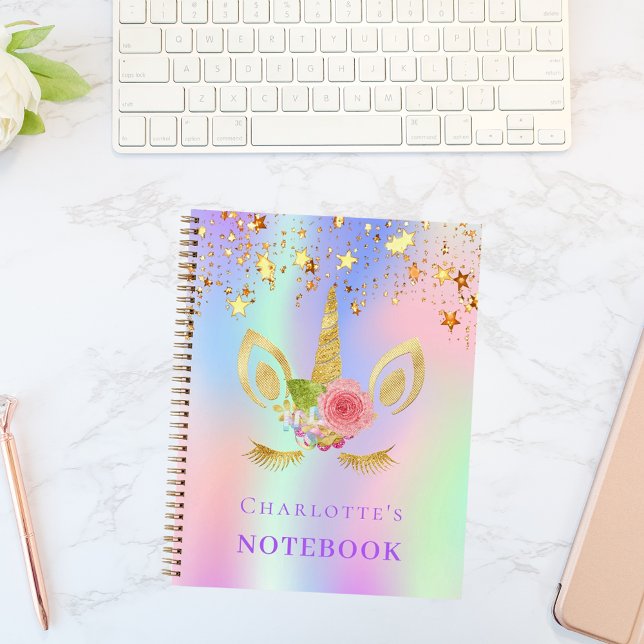 Einhorn Gesicht rosa goldene Sterne holografisch Notizbuch (Von Creator hochgeladen)