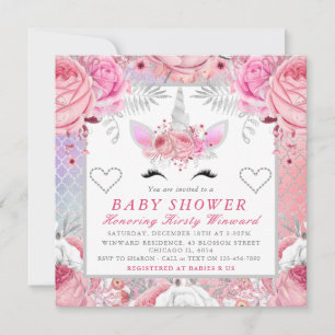 Einhorn Gesicht Rosa Silber Baby Shower Quadrat Einladung