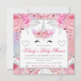 Einhorn Gesicht Rosa Silber Babyparty Einladung