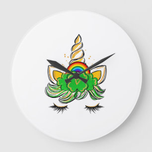 Einhorn Gesicht St Patrick's Day Irisch Mädchen Ki Große Wanduhr