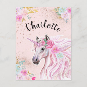 Einhorn Glam Pink Türkis Floral Gold Glitter Name Postkarte
