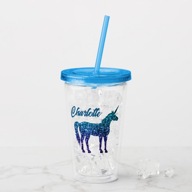 Einhorn Glitzern Aqua Blue Obre Individuelle Name Acryltrinkbecher (Rückseite Ice)