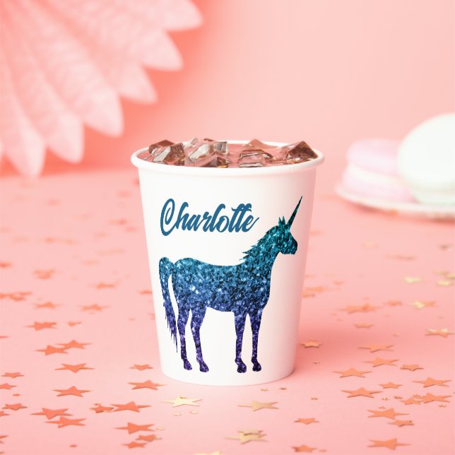 Einhorn Glitzern Aqua Blue Obre Individuelle Name Pappbecher (Insitu)